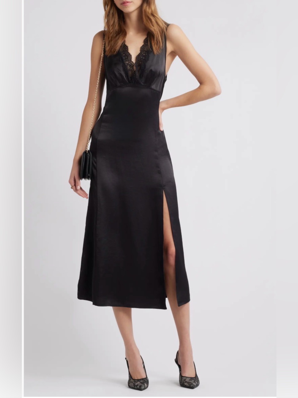 Open Edit Lace Trim Satin Slipdress
